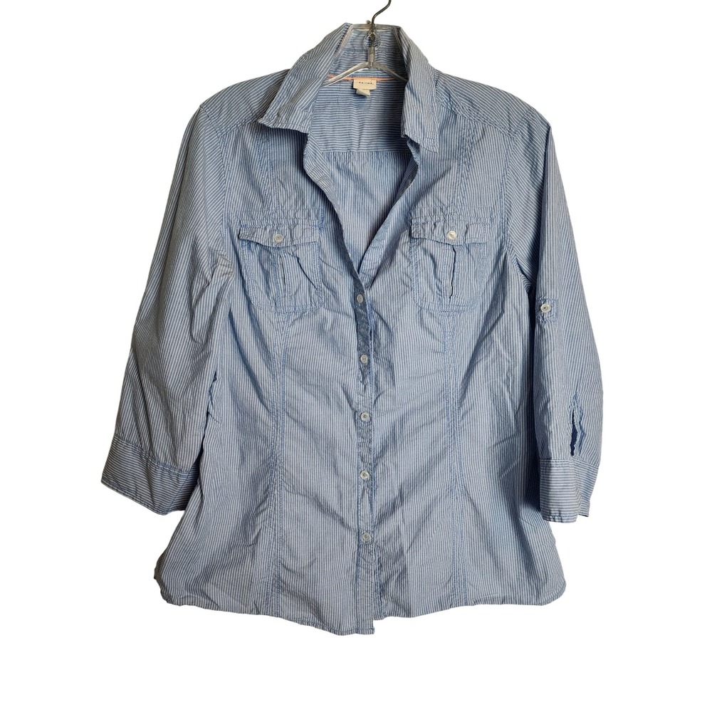 Merona Blue White Pinstripe Button‎ Down Shirt 3/4 Roll Tab Sleeve Cotton Medium
